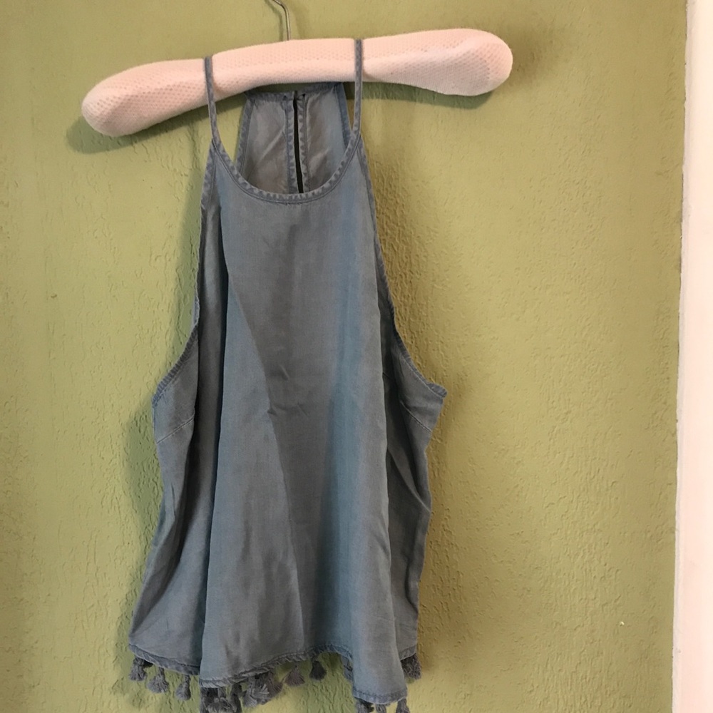 Chambray halter neck top with fringe bottom